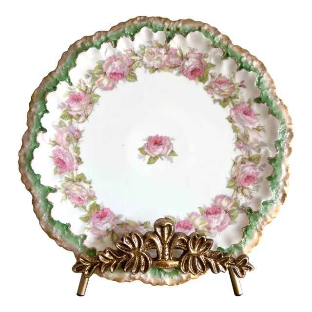 Antique A. Lanternier Limoges 12” Hand-Painted Pink Rose Plate With Green & Gold Scalloped Rim – France, Circa 1890s For Sale