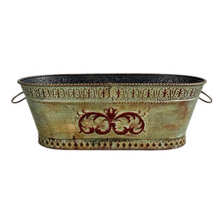 Vintage Embossed Metal Jardinière Planter With Ring Handles | Distressed French Country Cachepot For Sale