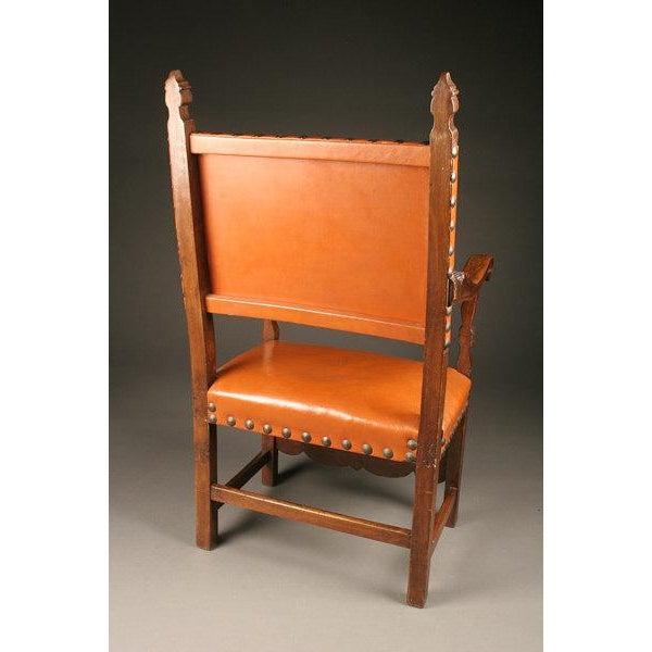 Italian Pair of 19th Century Italian Baronial Style Carved Walnut Armchairs With Leather Upholstery, Circa 1860 For Sale - Image 3 of 4