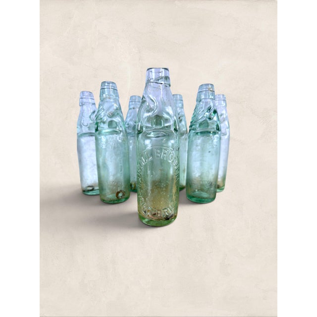 Collection of 9 English Antique Aqua Glass Cod Neck Marble Bottles, Bristol, Circa 1900 For Sale - Image 4 of 7