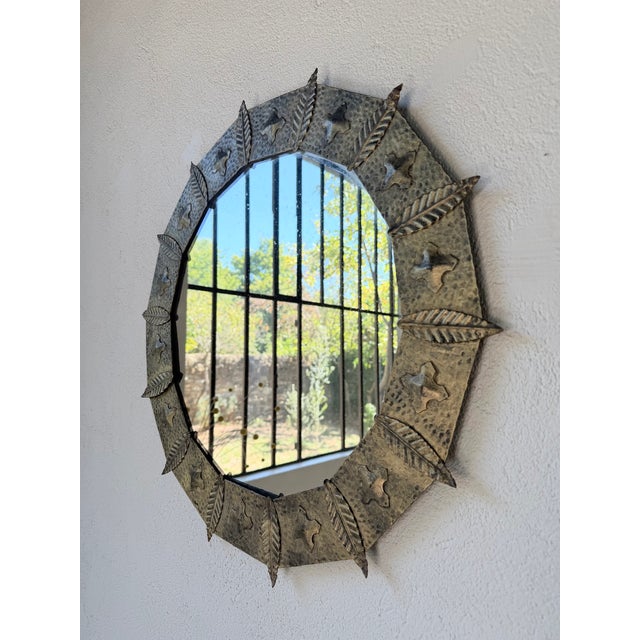 Gold Brutalist Round Hammered Gold-Tone Metal Mirror, 1950s For Sale - Image 8 of 18