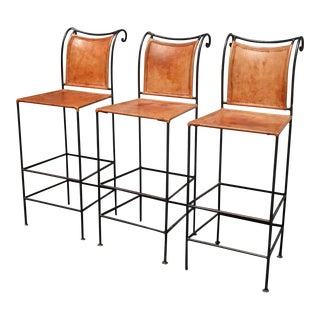 Set Three Vintage Spanish Style Brown Leather Bar Stools Barstools Wrought Iron 2of2 For Sale