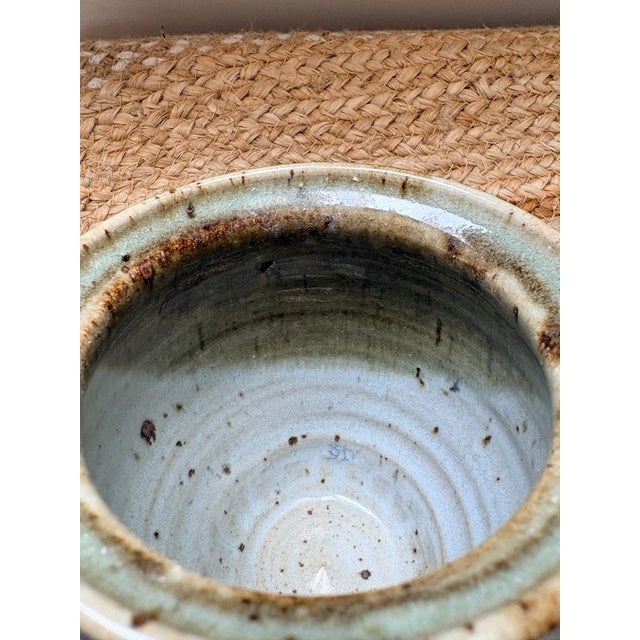 Celadon Vintage Art Christensen Signed Studio Art Pottery Utensil Crock - Earthy Celadon & Iron Brushwork For Sale - Image 8 of 10