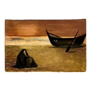 Mid-Century, Surrealist Watercolor Painting of a Figure on Beach by Andre Delfau For Sale