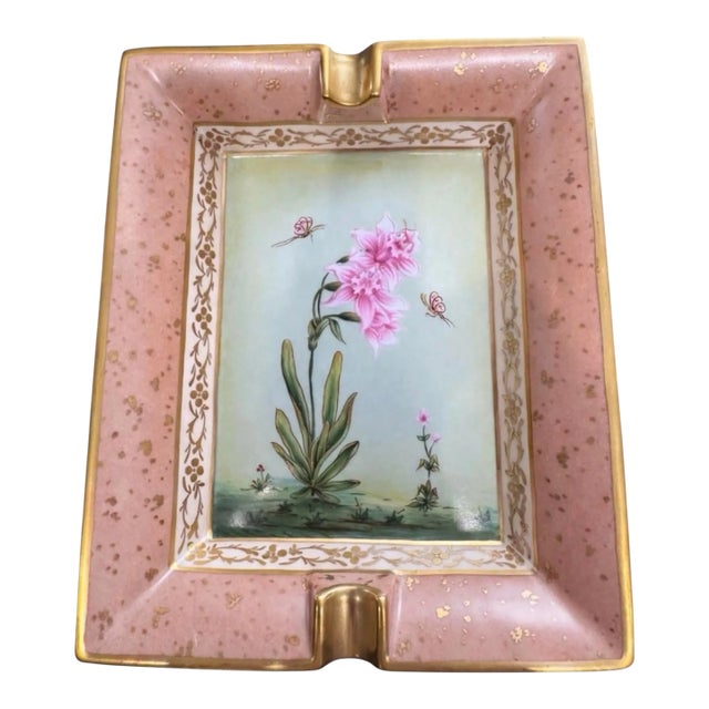 Hermès Paris Vintage Orchid Porcelain Ashtray Vide-Poche in Pink and Gold, France For Sale