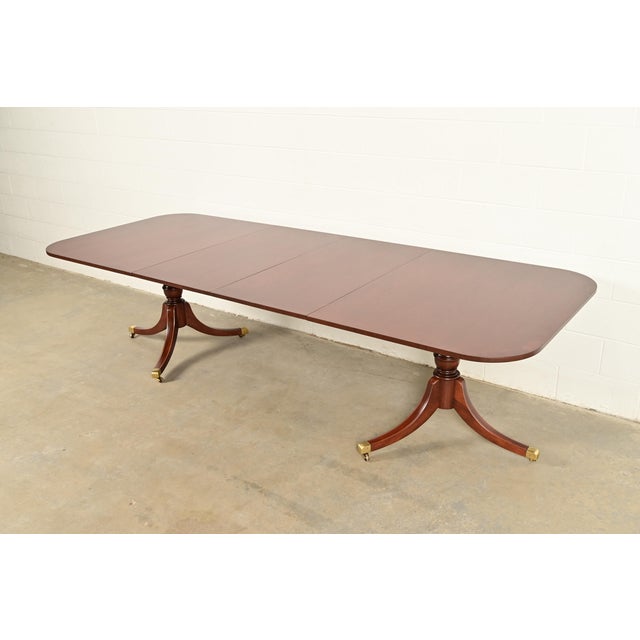 Baker Furniture Style Georgian Mahogany Double Pedestal Extension Dining Table, Newly Refinished For Sale - Image 14 of 14