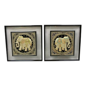Late 20th Century Framed Beaded Embroidered Elephant Padded Tapestry Indian Wall Art - A Pair