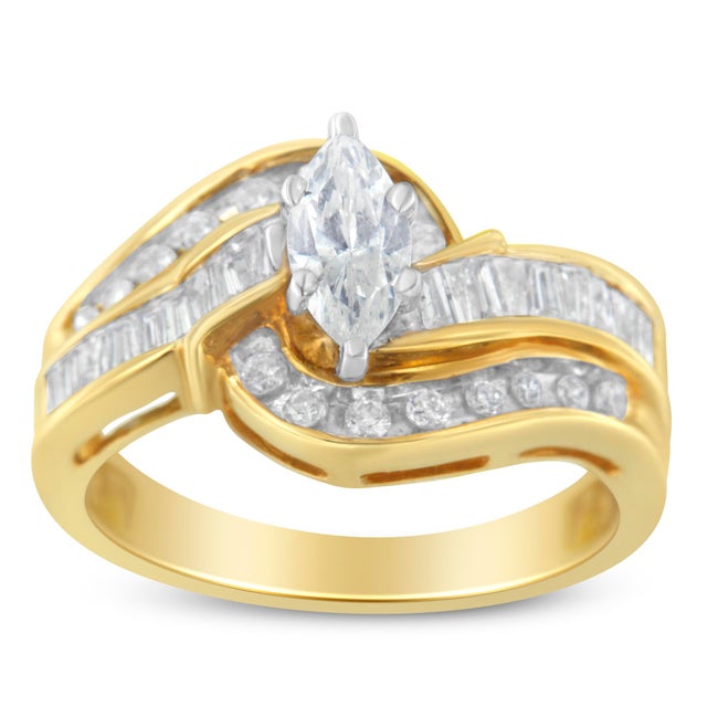 Contemporary 14KT Two-Toned Gold Marquise, Baguette and Round Cut Diamond Bypass Ring (1 cttw, H-I Color, SI1-SI2 Clarity) - Size 7 For Sale - Image 3 of 6