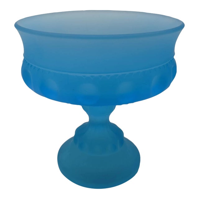 Mid 20th Century Frosted Blue Compote Candy Dish With Lid Lace Edge Grape Motif Pineapple Topper For Sale