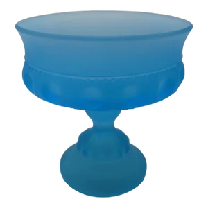 Mid 20th Century Frosted Blue Compote Candy Dish With Lid Lace Edge Grape Motif Pineapple Topper