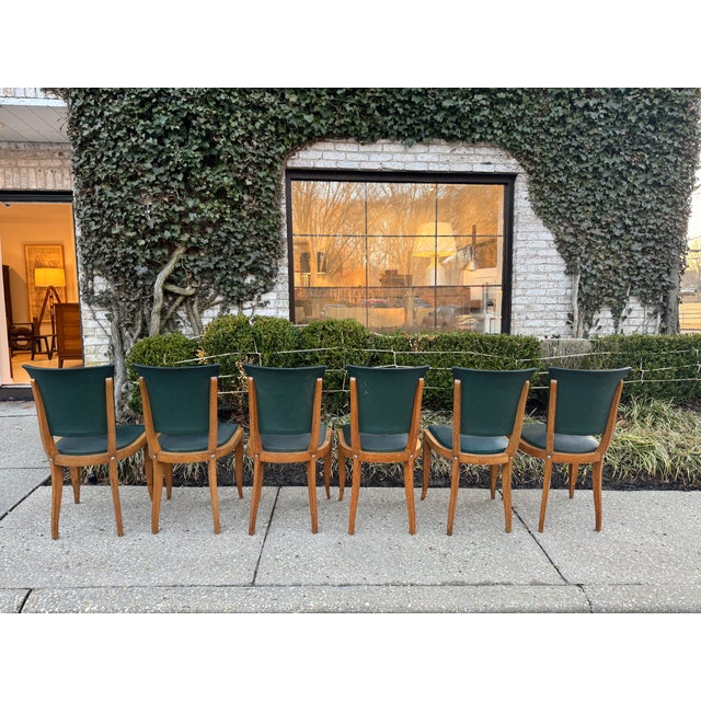 Art Deco Mid 20th Century Vintage French Oak and Leather Dining Chairs- Set of 6 For Sale - Image 3 of 12
