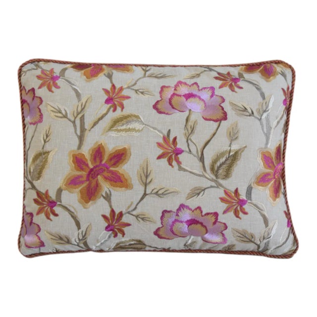 Custom-tailored pillow by Mike Seratt of The Prized Pig in a French silk embroidered floral botanical fabric, depicting a...