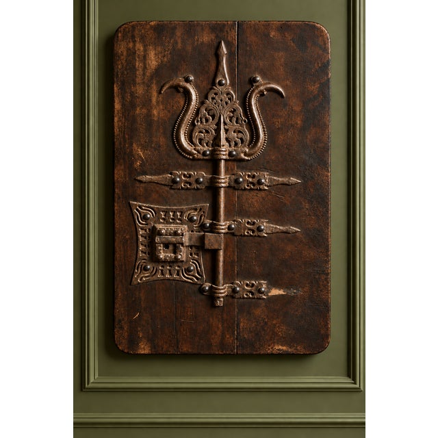 17th Century Spanish Baroque Wrought Iron Architectural Lock on Timber Panel For Sale - Image 18 of 18