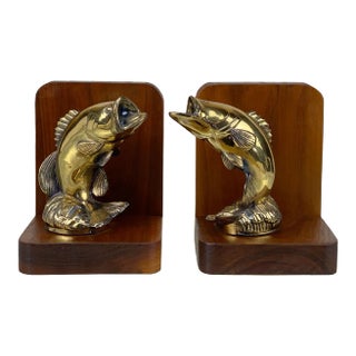 Vintage Traditional Walnut Trophy Bass Fishing Library Bookends - a Pair For Sale
