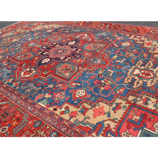 Antique Persian Heriz Serapi Rug With Blue Field Geometric Medallion Design For Sale - Image 15 of 17