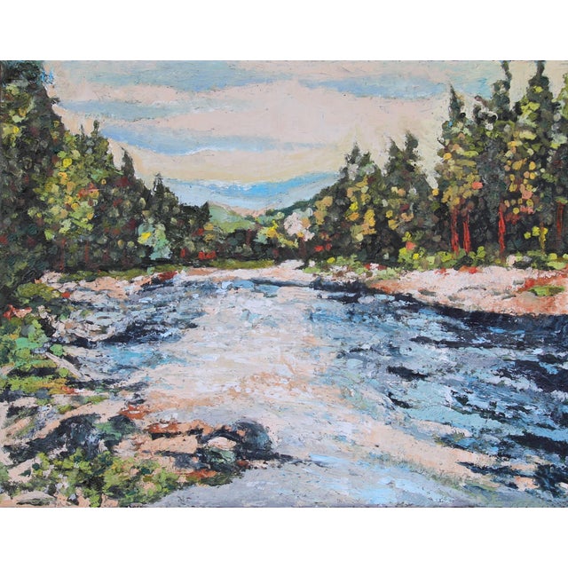 Wenatchee River by Carrie Goller | Oil and Cold Wax on Wood Panel Landscape of a river with trees For Sale