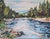 Wenatchee River by Carrie Goller | Oil and Cold Wax on Wood Panel Landscape of a river with trees For Sale