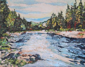 Wenatchee River by Carrie Goller | Oil and Cold Wax on Wood Panel Landscape of a river with trees