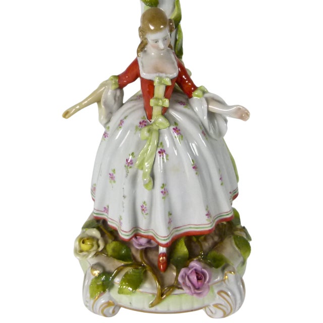 Antique Von Schierholz German Porcelain Courtly Lady Figural Candlestick With Applied Roses and Leaves . Dresden Style For Sale - Image 12 of 16