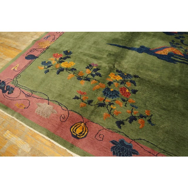 1920s Green Pictorial Antique Chinese Art Deco Carpet Rug 8' X 9'6" Wool Knotted Pile For Sale - Image 11 of 12