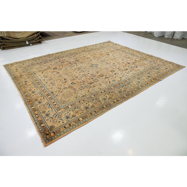 1960s 1960s Vintage Persian Tabriz Handmade Medallion Beige Wool Rug 10 X 12 For Sale - Image 5 of 9