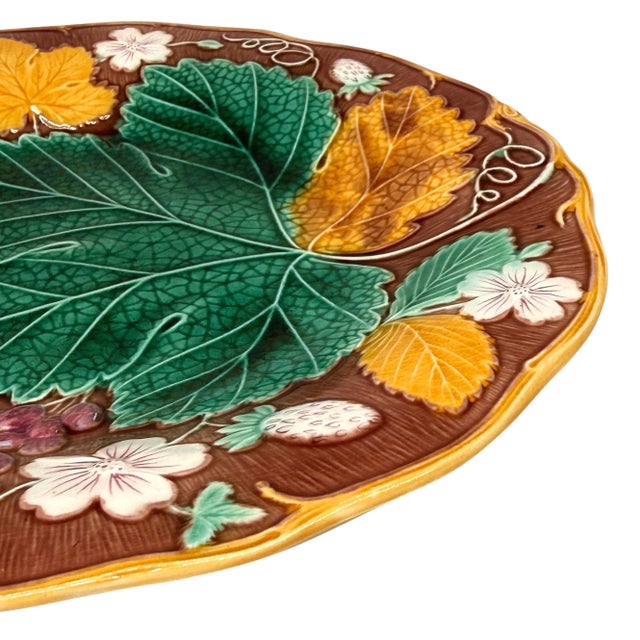 Ceramic Wedgwood Majolica 'Vine & Strawberry' Plate on a Brown Ground, English, Ca. 1896 For Sale - Image 7 of 10