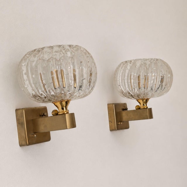 Brass 1950s Italian Wall Lights Murano Glass Sconces Art Deco Style, by Barovier & Toso - Pair For Sale - Image 8 of 10