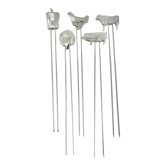 Vintage Stainless Steel Figural Skewers Cocktail Picks, Set of 5 For Sale