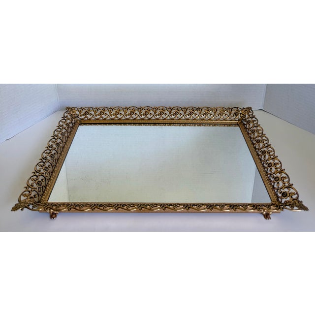 Hollywood Regency Vintage Hollywood Regency Gilt Filigree Vanity Mirror & Perfume Tray For Sale - Image 3 of 12