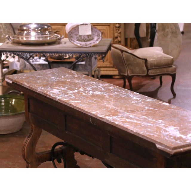 19th Century Spanish Baroque Carved Oak Console With Breccia Marble Top For Sale - Image 12 of 12