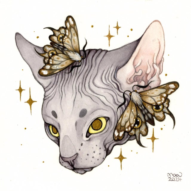 Sphynx Moths by Nana Williams | Watercolor of a Sphynx cat with moths around its head For Sale
