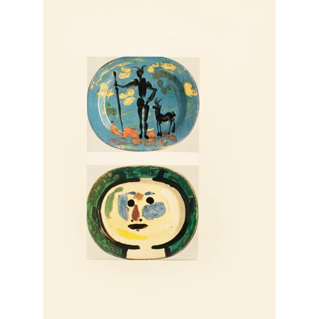 1957 Vintage Print of Pablo Picasso's Decorative Ceramic Platters "Faun and Goat" and "Face" For Sale