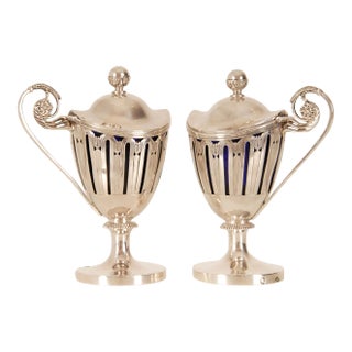 Antique Silver Mustard Pots Empire Napoleonic Sterling Silver Blue Glass Liner a Pair For Sale