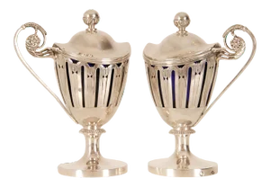 Antique Silver Mustard Pots Empire Napoleonic Sterling Silver Blue Glass Liner a Pair