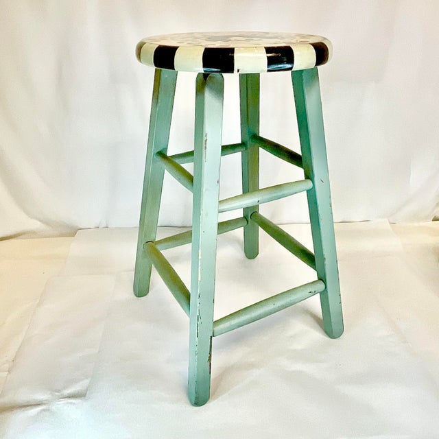 Farmhouse 1970s Vintage Makenzie Childs' Style Arts & Crafts Painted Bunny Bar Stool - Easter. For Sale - Image 3 of 7