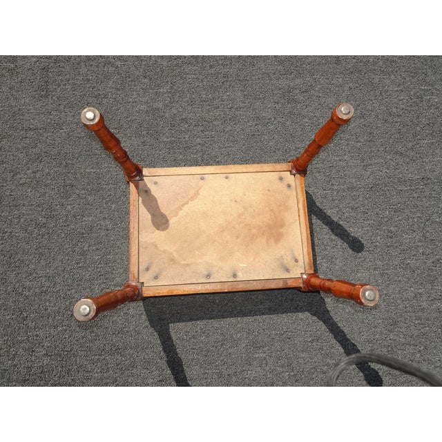 Vintage Oak French Country Rose Colored Velvet Footstool W Decorative Nails For Sale - Image 12 of 12