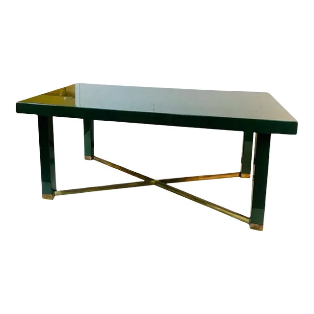 1980s Paolo Gucci Modernist Deep Green Lacquered Wood & Brass X Base Dining Table For Sale