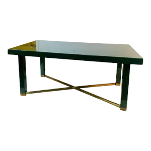 1980s Paolo Gucci Modernist Deep Green Lacquered Wood & Brass X Base Dining Table