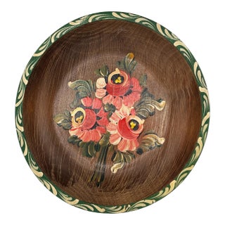 Mid 20th Century Hand-Painted Folk Art Wooden Bowl, Floral Tole Design For Sale