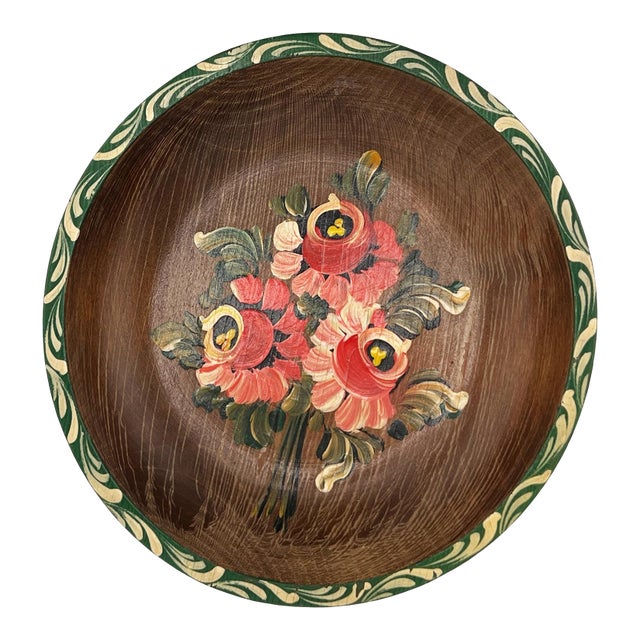 Mid 20th Century Hand-Painted Folk Art Wooden Bowl, Floral Tole Design For Sale