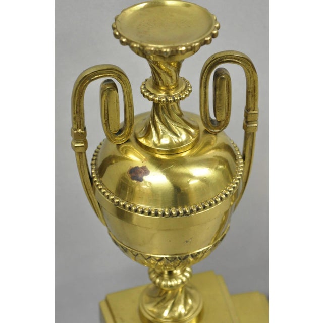 Gold Vintage French Empire Style Gold Brass Urn Fireplace Chenet Andirons - A Pair For Sale - Image 8 of 16