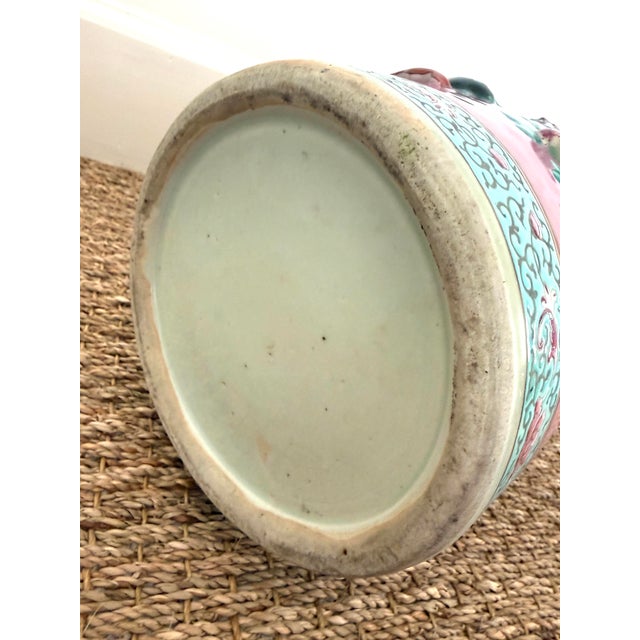 Chinese 19/20th C Famille Rose Umbrella Stand With Relief Decoration For Sale - Image 12 of 12