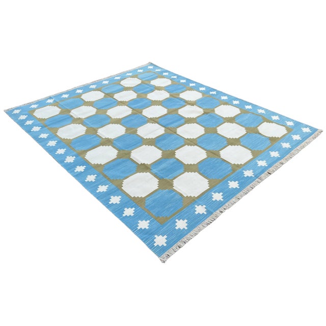 Mid-Century Modern Not Yet Made - Made To Order Handmade Cotton Area Rug Vegetable Dyed Sky Blue and Olive Green Vista Rug-9'x12' For Sale - Image 3 of 11