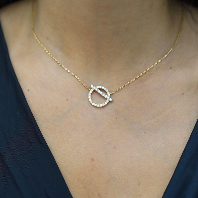 Art Deco 1/2 Carat Diamond Pave Circle & Bar Toggle 14k Yellow Gold Pendant Necklace For Sale - Image 3 of 6