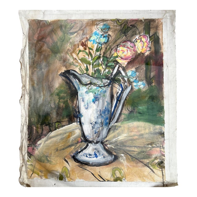 1950’s Abstract Expressionist Pitcher of Flowers Still Life Painting on Canvas For Sale