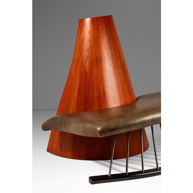 Post Modern Art Deco Serpentine Asymmetrical Architectural Bench / Sofa in Oak & Leather in the Manner of Thomas Stender, Circa 1980s For Sale - Image 9 of 12