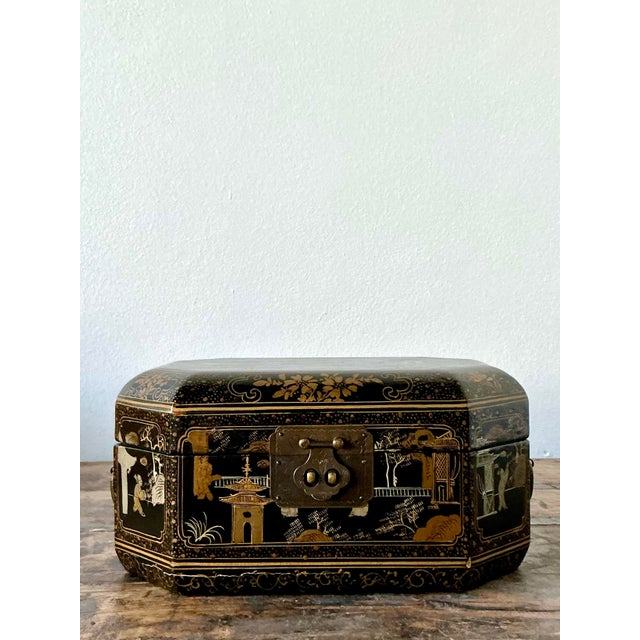 Vintage Asian Lacquered Chinoiserie Sewing Box For Sale - Image 11 of 12