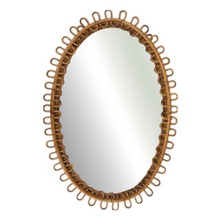 Midcentury Rattan and Bamboo Oval Wall Mirror Franco Albini Style, Italy 1960s by Franco Albini For Sale