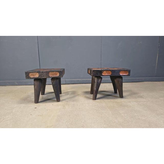 Brown Vintage Rustic Wooden Stools, 1960s, Set of 2 For Sale - Image 8 of 13