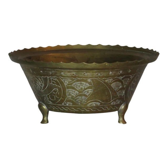 Large Chinese Antique Etched Brass Bowl For Sale